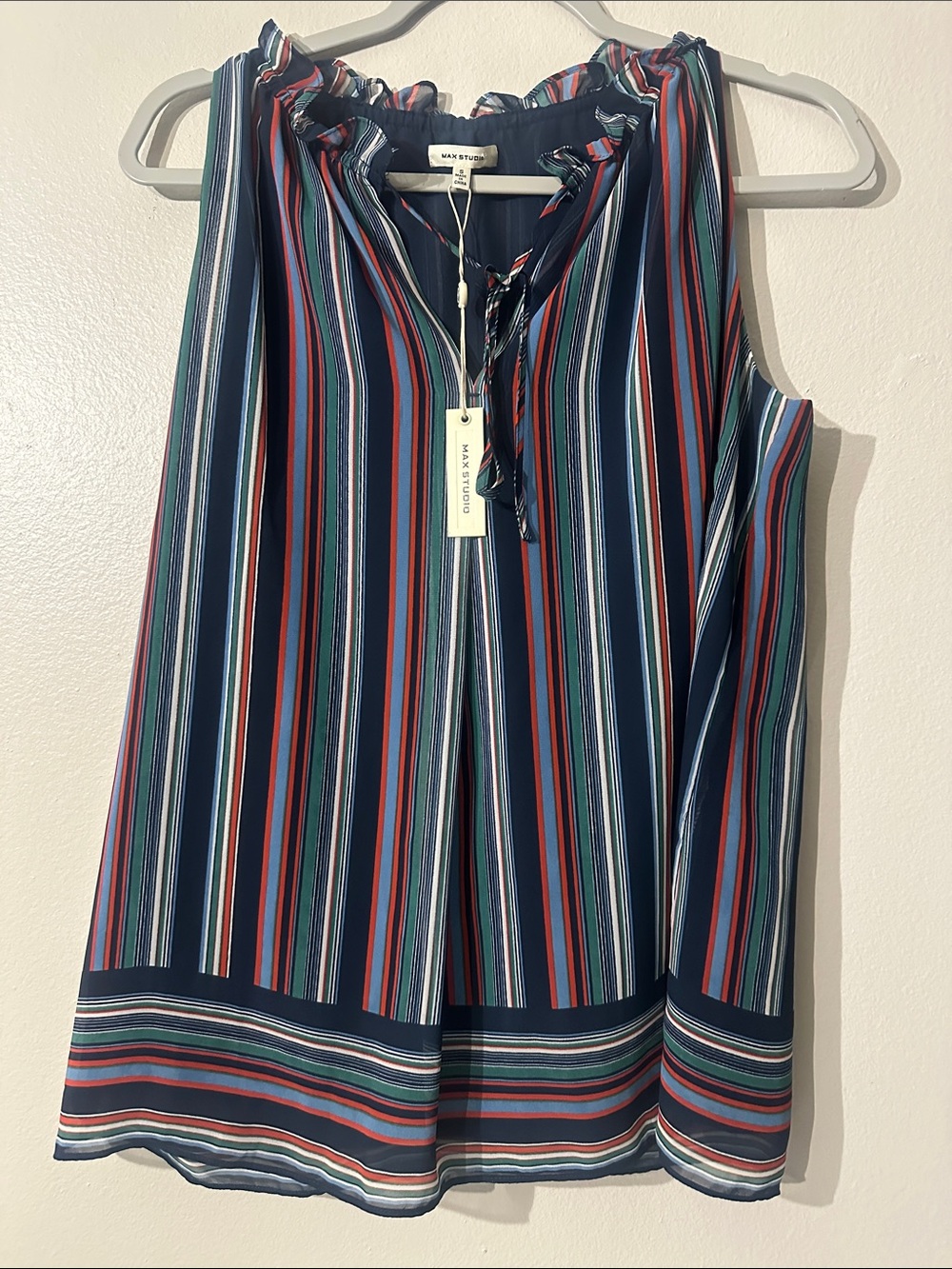 NWT Max Studio Navy Multi-Stripe Ruffled Tie Neck Sleeveless Top Sz S